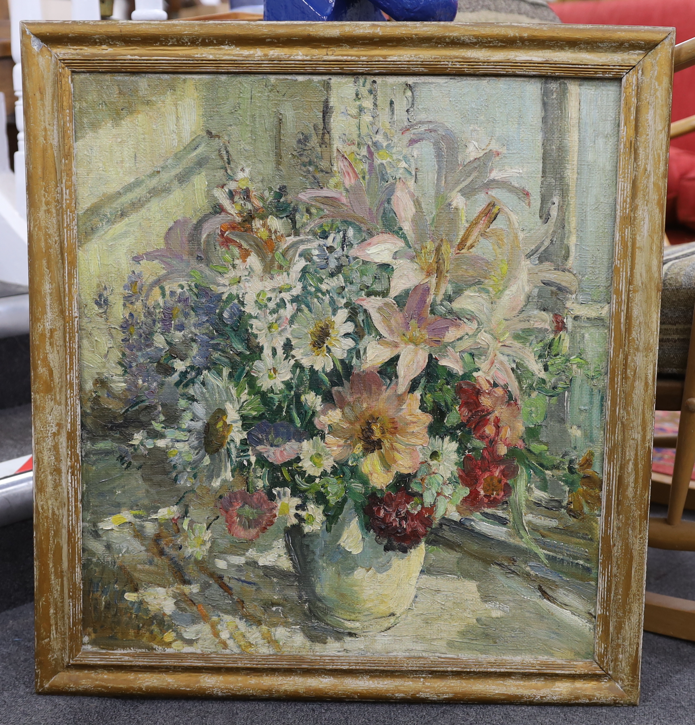 Attributed to Dorothea Sharp ROI RBA (1873-1955), Still life of summer flowers in a white vase, oil on canvas, 56 x 50cm
